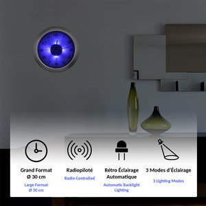 Horloge murale ø25,4 cm lumineuse avec 4 led bleues - radiopilotée