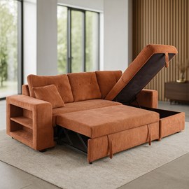 Glasgow canapé d'angle convertible 4 places avec coffre en velours côtelé terrac