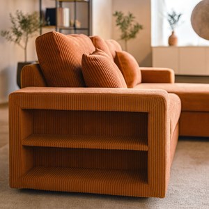 Glasgow canapé d'angle convertible 4 places avec coffre en velours côtelé terrac