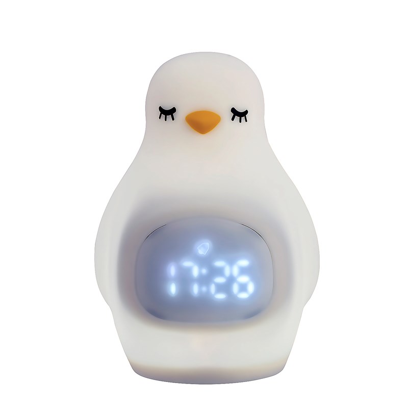 Réveil avec veilleuse pour enfants, intensité réglable. Design pingouin.