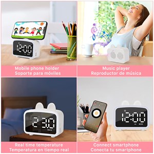 Réveil lcd avec lumière nocturne, haut-parleur bluetooth intégré, thermomètre.