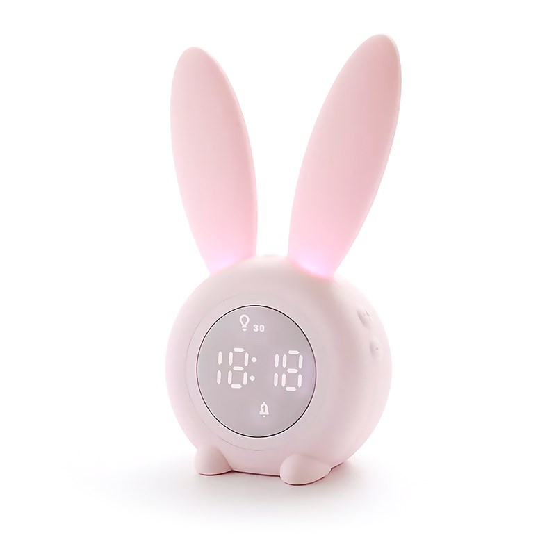 Réveil enfant lapin avec lumière. Éteindre en secouant. Batterie rechargeable.