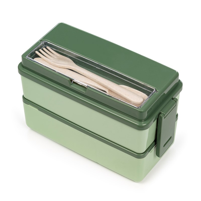 Boîte hermétique de 2 étages pour conserver les aliments. Inclut des couverts.