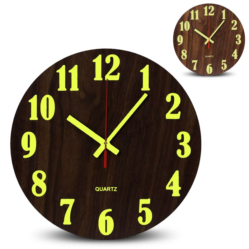 Horloge murale - pendule phosphorescente en bois - silencieuse 25cm