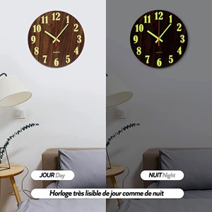Horloge murale - pendule phosphorescente en bois - silencieuse 25cm