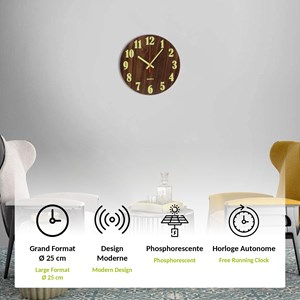Horloge murale - pendule phosphorescente en bois - silencieuse 25cm