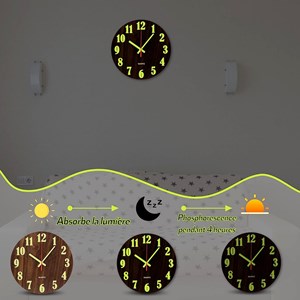 Horloge murale - pendule phosphorescente en bois - silencieuse 25cm