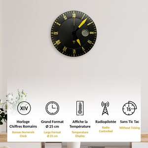 Horloge murale dorée chiffres romains avec écran lcd température - 25,4 cm