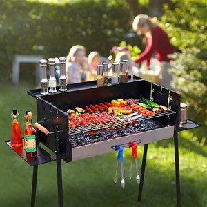 Barbecue au charbon avec plateau en acier inoxydable et 3 hauteurs de cuisson.