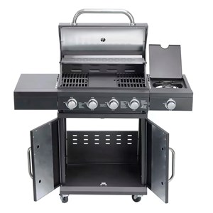 Barbecue à gaz avec 4+1 brûleurs et thermomètre intégré.