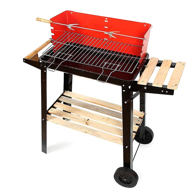Barbecue à charbon portable avec roues et broche.