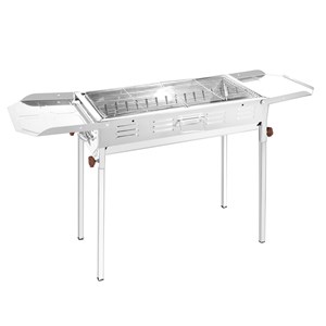 Barbecue en acier inoxydable à charbon avec deux supports et hauteur réglable.