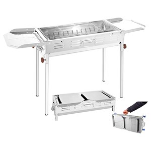 Barbecue en acier inoxydable à charbon avec deux supports et hauteur réglable.