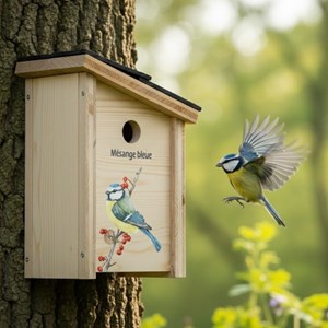 Nichoir en bois pour mésange bleue prestige - décor