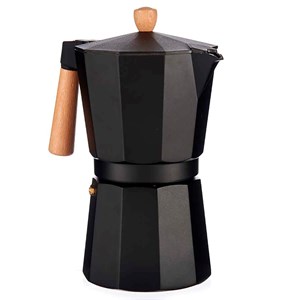 Cafetière en aluminium 12 tasses noire avec poignée en bois