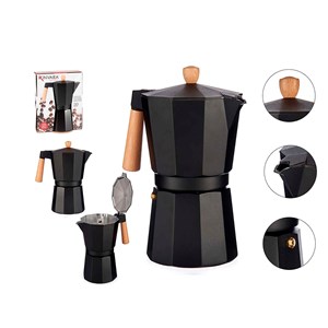 Cafetière en aluminium 12 tasses noire avec poignée en bois