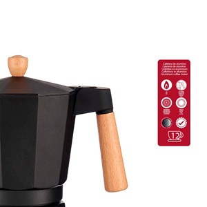 Cafetière en aluminium 12 tasses noire avec poignée en bois