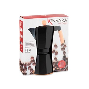 Cafetière en aluminium avec poignée en bois et capacité de 450ml pour 9 tasses.