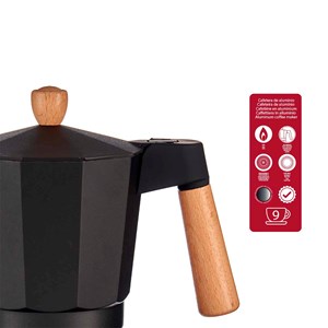 Cafetière en aluminium avec poignée en bois et capacité de 450ml pour 9 tasses.