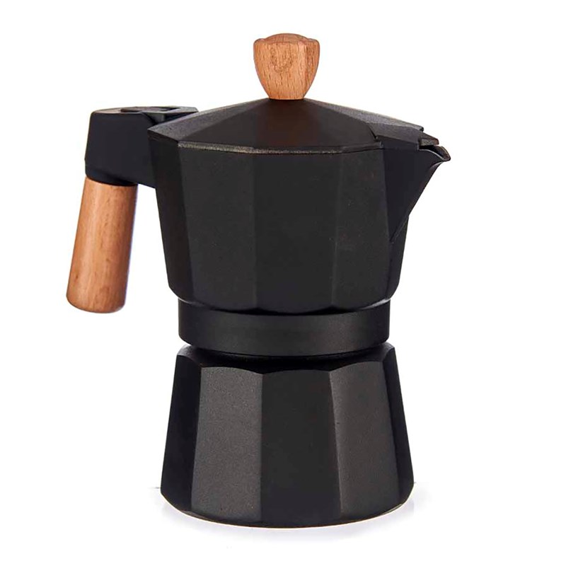 Cafetière aluminium 3 tasses noire poignée en bois