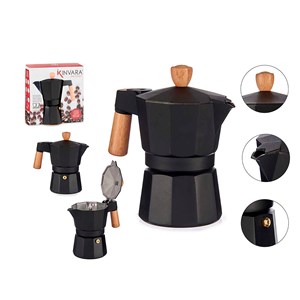 Cafetière aluminium 3 tasses noire poignée en bois