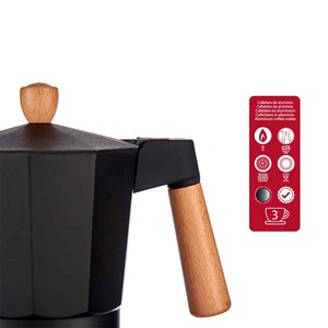 Cafetière aluminium 3 tasses noire poignée en bois