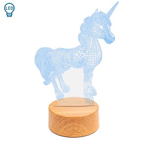 Lampe d'ambiance effet 3d, design licorne, base effet bois. Lumière led.