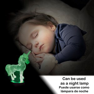 Lampe d'ambiance effet 3d, design licorne, base effet bois. Lumière led.