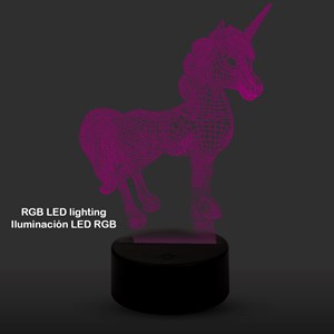 Lampe d'ambiance effet 3d, design licorne, base effet bois. Lumière led.