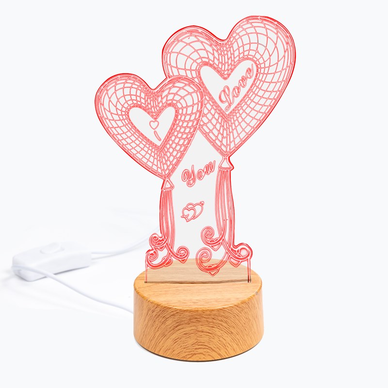 Lampe d'ambiance effet 3d, design love, base effet bois. Lumière led.