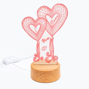 Lampe d'ambiance effet 3d, design love, base effet bois. Lumière led.