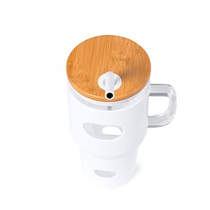 Bocal/Caraffe en verre 1,1 L. Housse en silicone. Couvercle en bambou.