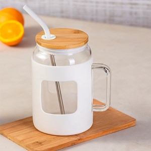 Bocal/Flacon en cristal 1,6 L. Housse en silicone. Couvercle en bambou.