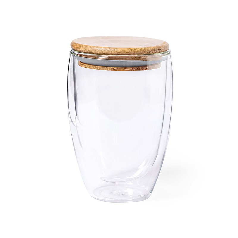 Gobelet thermique en borosilicate double paroi 350 ml. Avec couvercle en bambou