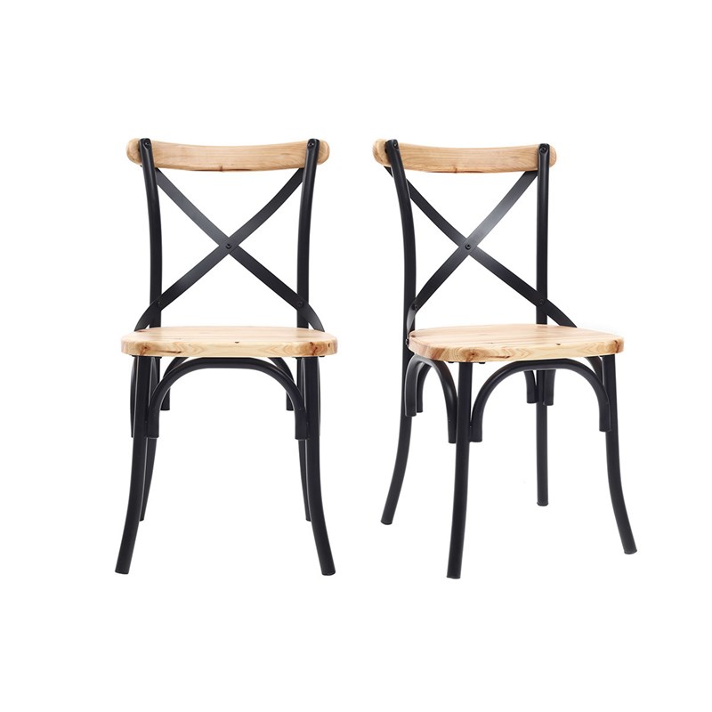 Chaises bistrot bois clair massif et métal noir (lot de 2) jake