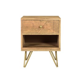 Table de chevet avec rangements bois manguier massif gravé et métal doré linium