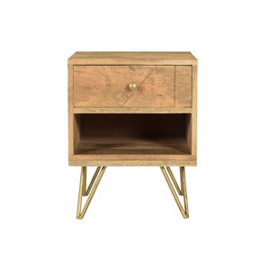 Table de chevet avec rangements bois manguier massif gravé et métal doré linium