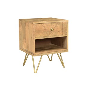 Table de chevet avec rangements bois manguier massif gravé et métal doré linium