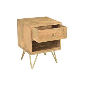 Table de chevet avec rangements bois manguier massif gravé et métal doré linium