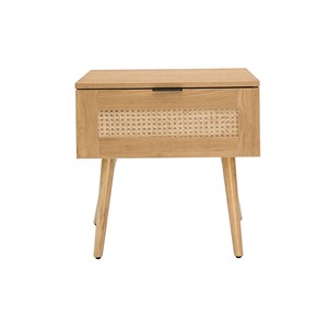 Table de chevet finition bois clair, cannage rotin et métal noir manille