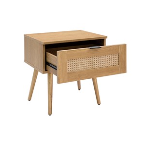 Table de chevet finition bois clair, cannage rotin et métal noir manille