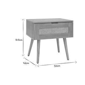 Table de chevet finition bois clair, cannage rotin et métal noir manille