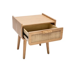 Table de chevet avec tiroir en bois clair frêne et cannage rotin athène