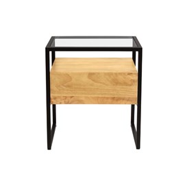 Table de chevet avec tiroir en bois manguier massif, verre et métal noir diya