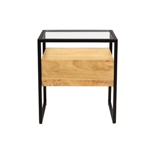 Table de chevet avec tiroir en bois manguier massif, verre et métal noir diya