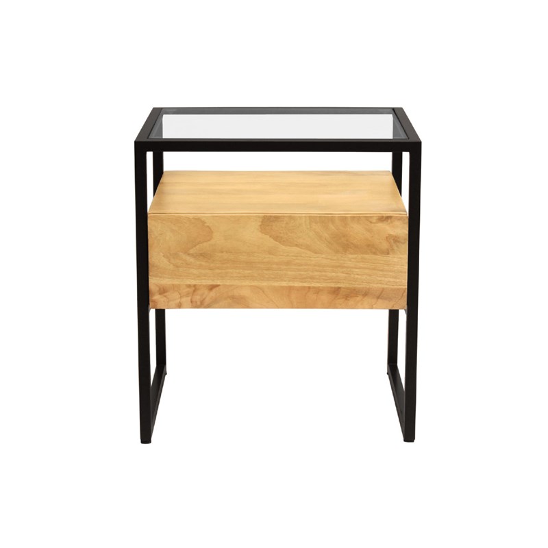 Table de chevet avec tiroir en bois manguier massif, verre et métal noir diya