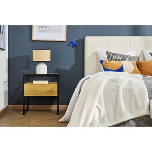 Table de chevet avec tiroir en bois manguier massif, verre et métal noir diya