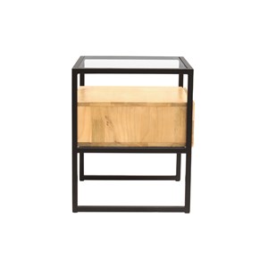 Table de chevet avec tiroir en bois manguier massif, verre et métal noir diya