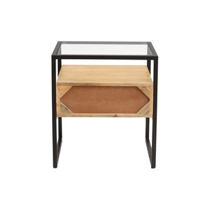 Table de chevet avec tiroir en bois manguier massif, verre et métal noir diya