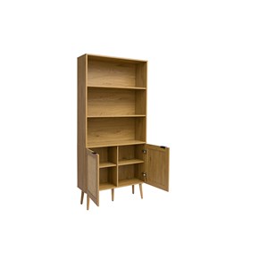 Bibliothèque finition bois clair, cannage en rotin et métal noir l90 manille